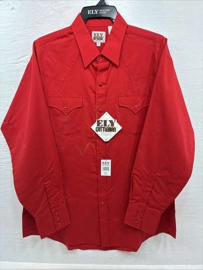 New Men’s ELY Cattleman Red Simple Long Sleeve Pearl Snap 17 XL O-70