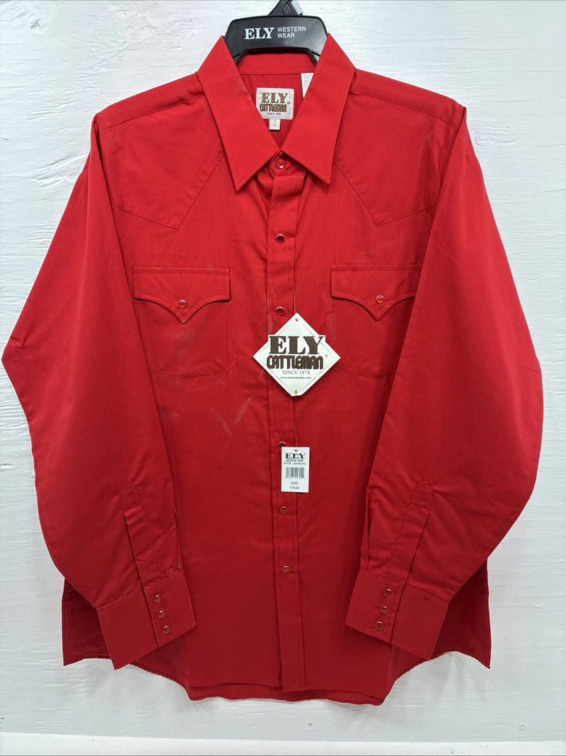New Men’s ELY Cattleman Red Simple Long Sleeve Pearl Snap 17 XL O-70