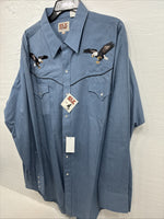 New Men’s ELY Cattleman Blue Eagle Design Long Sleeve Pearl Snap 2XL H-54