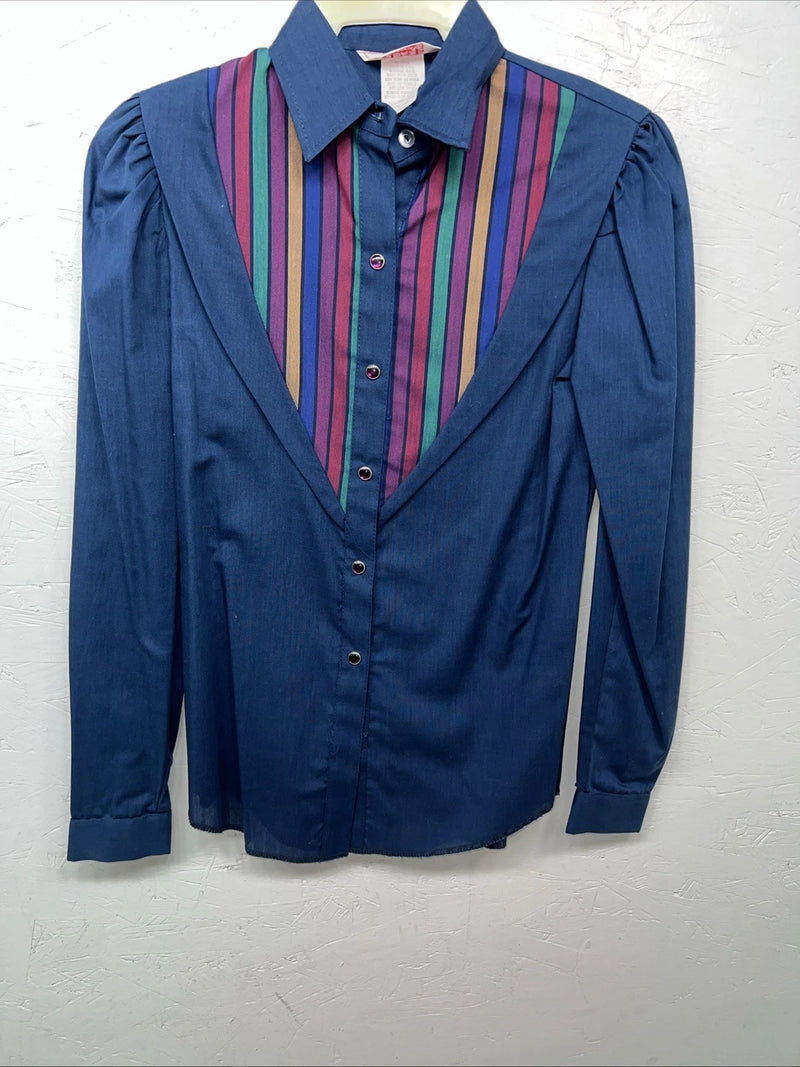 New Women’s HbarC California Ranchwear Navy Strip Long Sleeve Button Up 3B-83