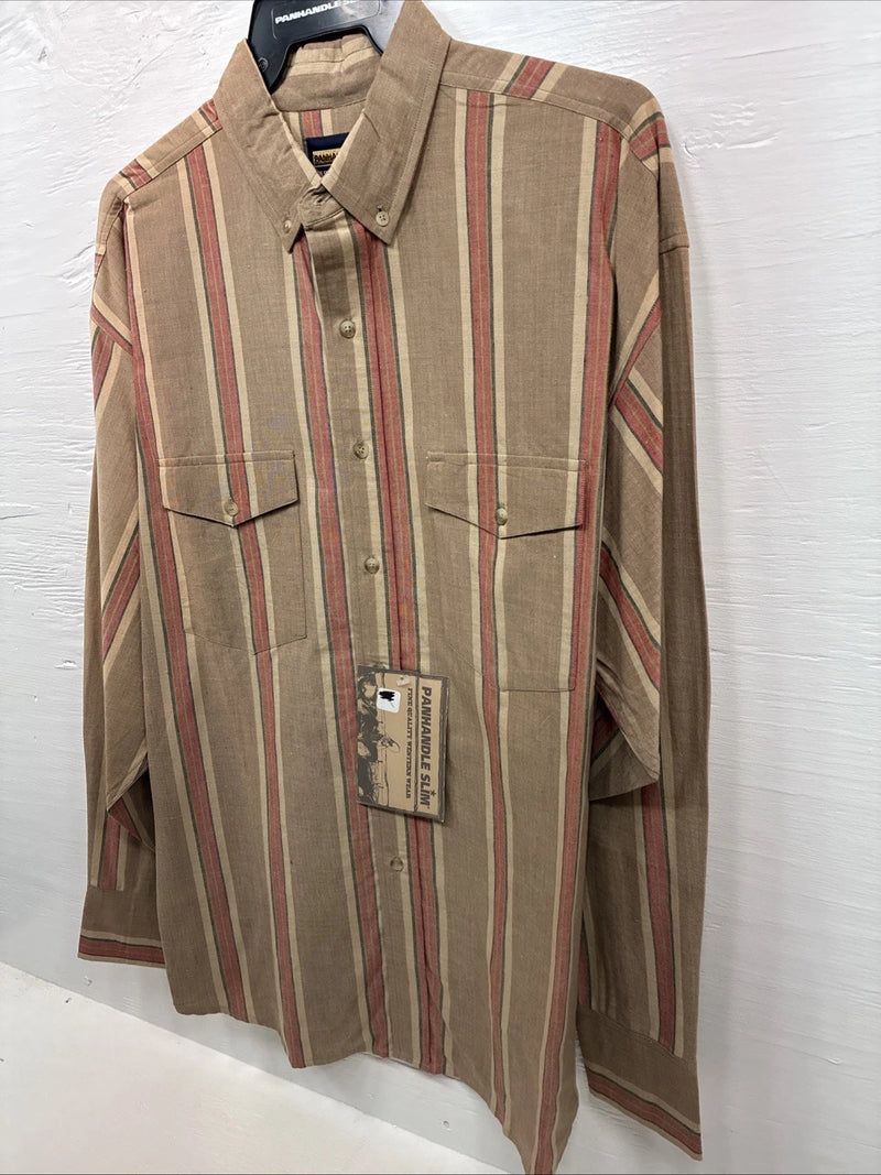 New Men’s Panhandle Slim Brown Red stripe Long Sleeve Button Up Large V-41