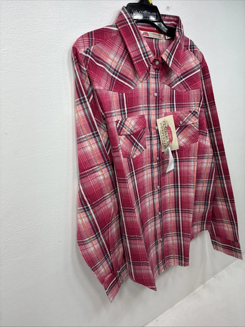 New Women’s Cumberland Pink Plaid Long Sleeve Pearl Snap Large GG-28
