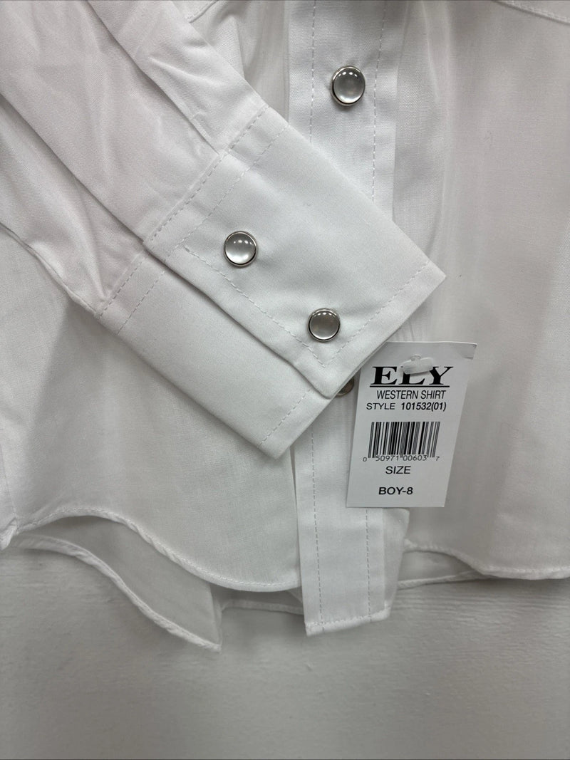New Boys ELY Cattleman White Long Sleeve Pearl Snap Size 8 MM-15