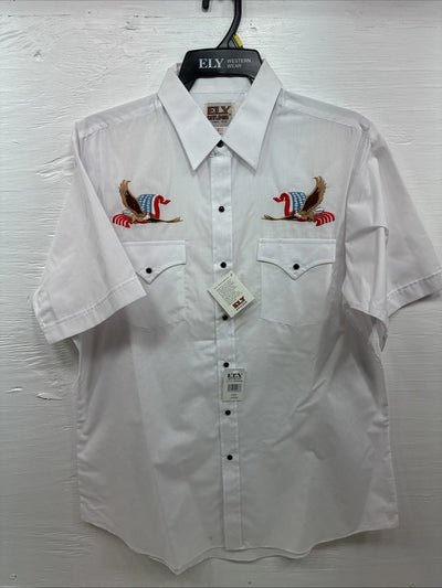 New Men’s ELY Cattleman White Eagle Flag Short Sleeve Pearl Snap Large Q-45
