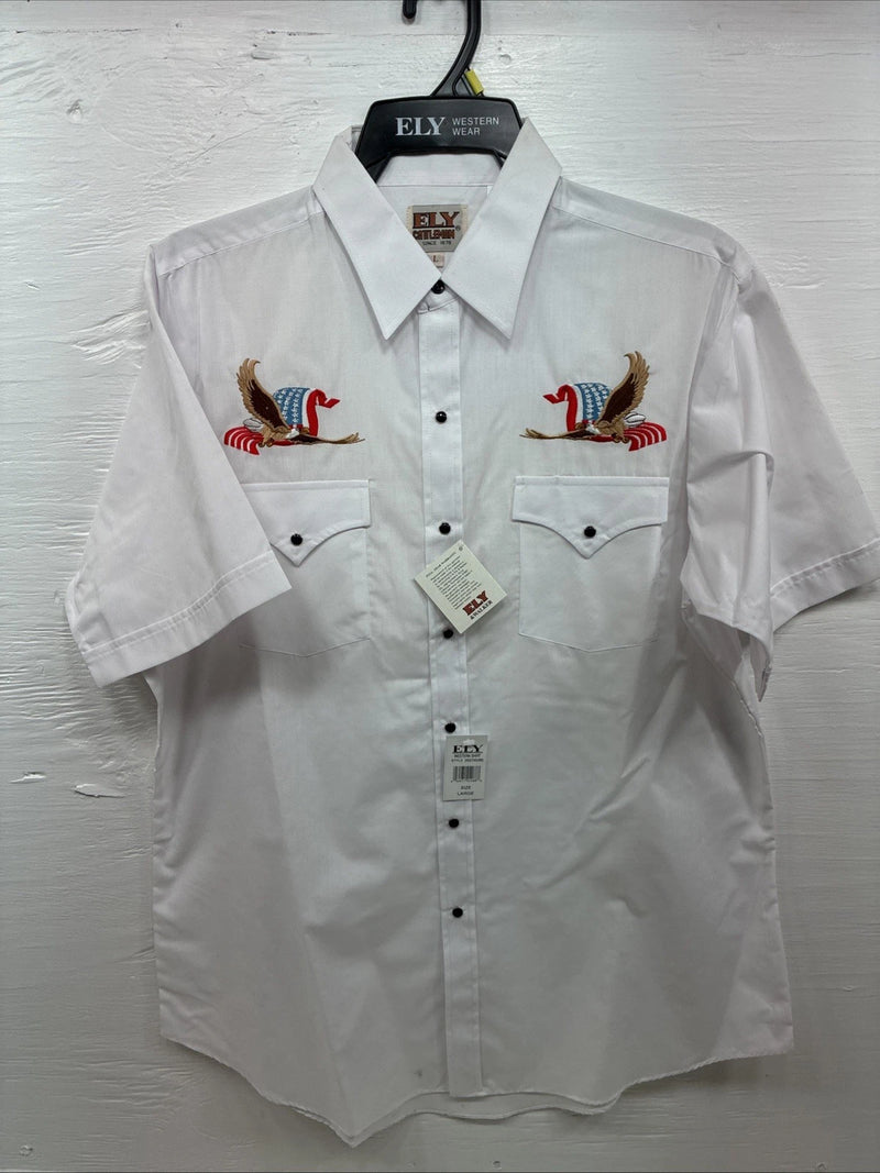 New Men’s ELY Cattleman White Eagle Flag Short Sleeve Pearl Snap Large Q-45