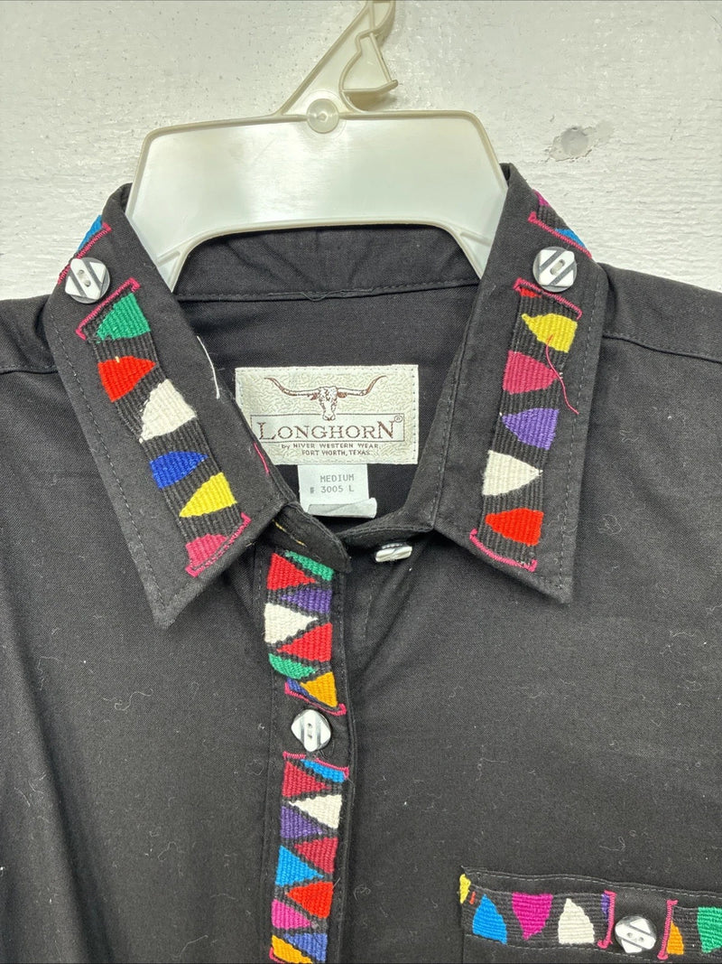 New Women’s Longhorn Black Designed Long Sleeve Button Up Medium TT-93