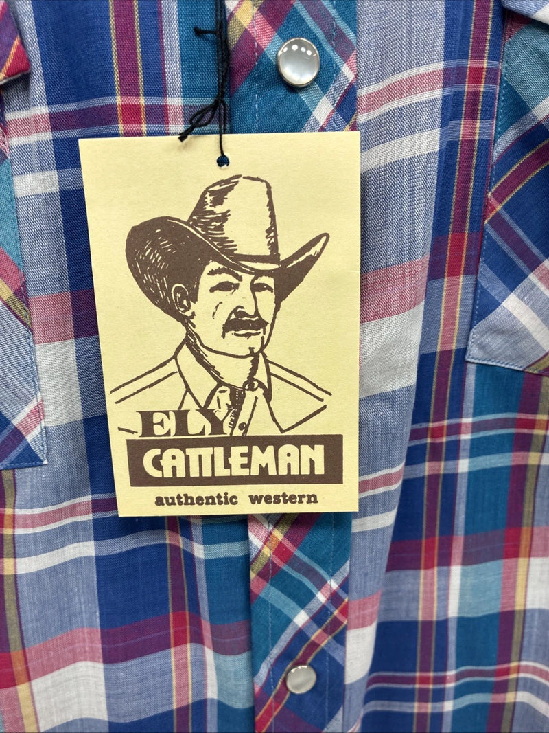 New Men’s ELY Cattleman Purple Plaid Long Sleeve Pearl Snap Large X-35