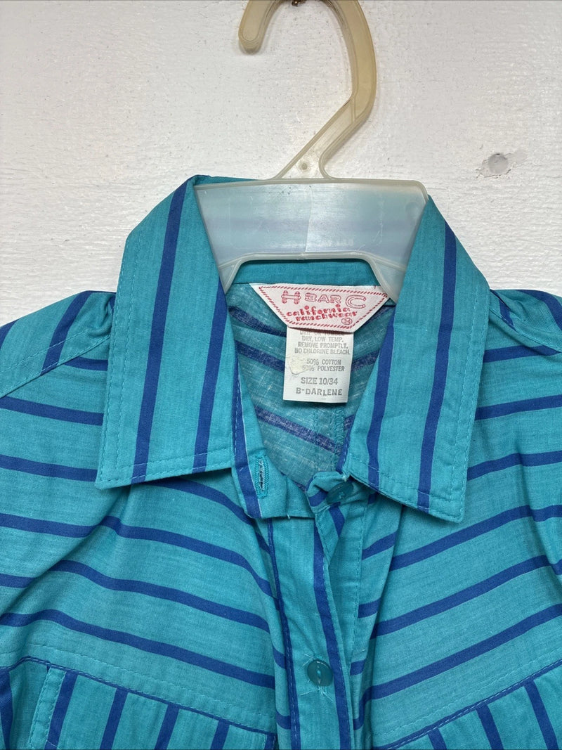 New Women’s H Bar C Blue Stripe Long Sleeve Button Up Size 10 MM-14