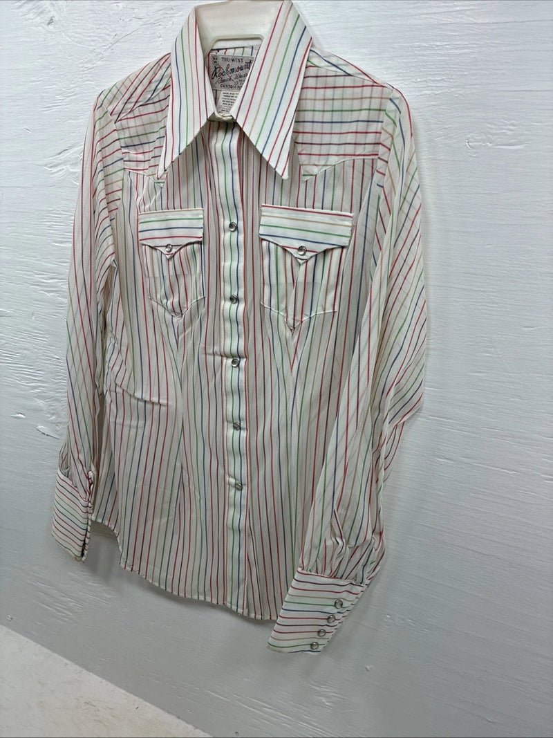 New Kids Rockmount Multicolor Stripe Long Sleeve Pearl Snap Size 32 CC-109
