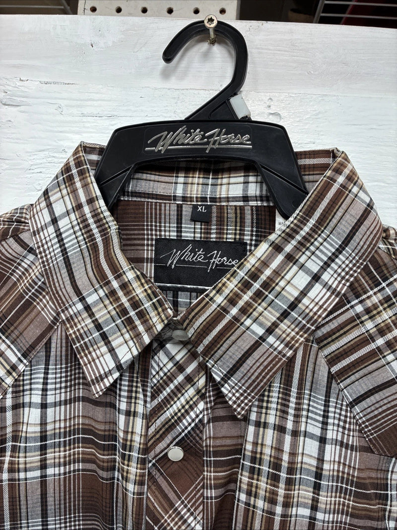 New Men’s White Horse Brown Plaid Long Sleeve Pearl Snap XL H-81