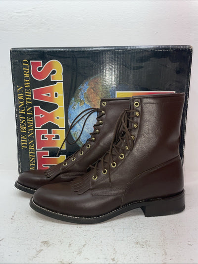 New Men’s Brown Lace Up Texas Brand Cowboy Boots. 8721 10.5 10 1/2 D. 7-32