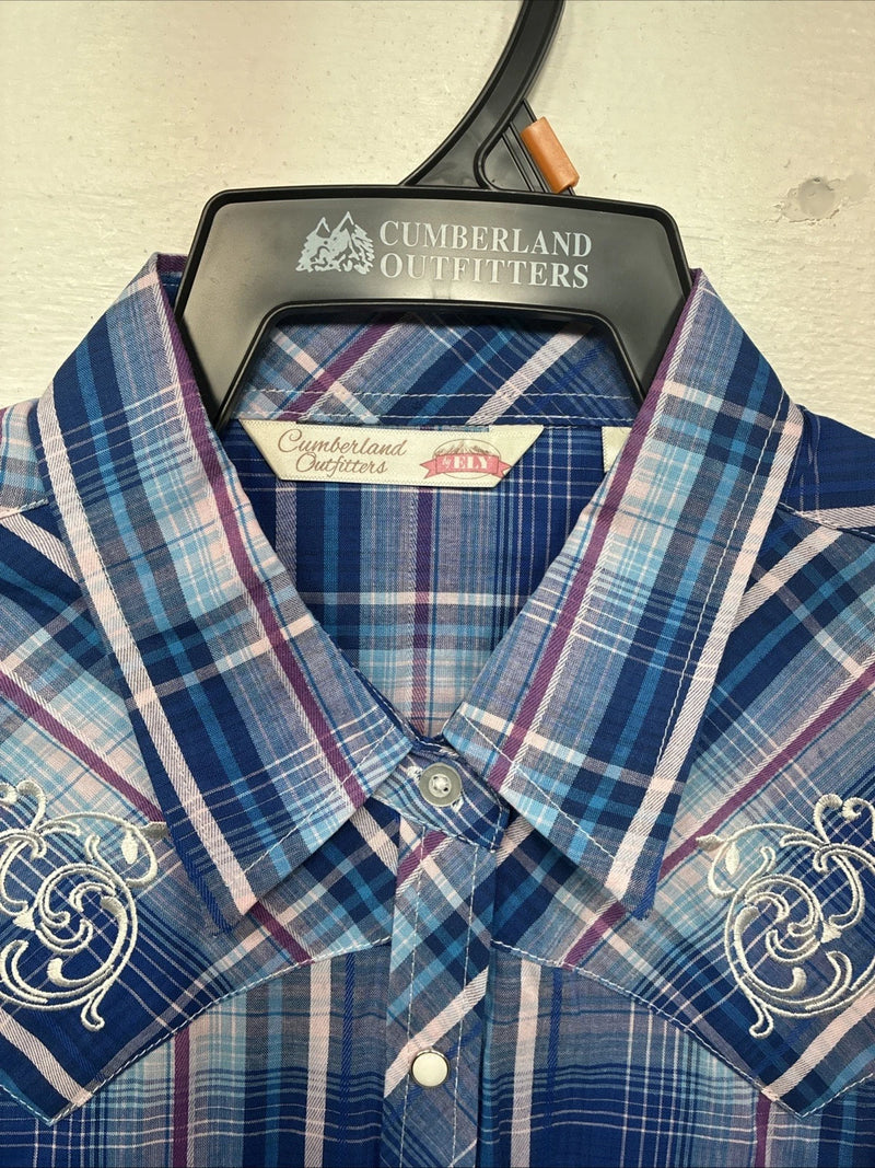New Women’s Cumberland Blue Purple Plaid Long Sleeve Pearl Snap Medium KK-96