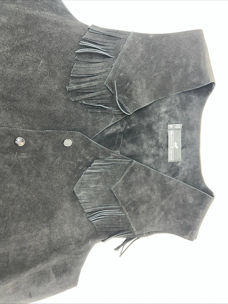 New Women’s Western Express Black Leather Fringe Biker Vest XL L-605