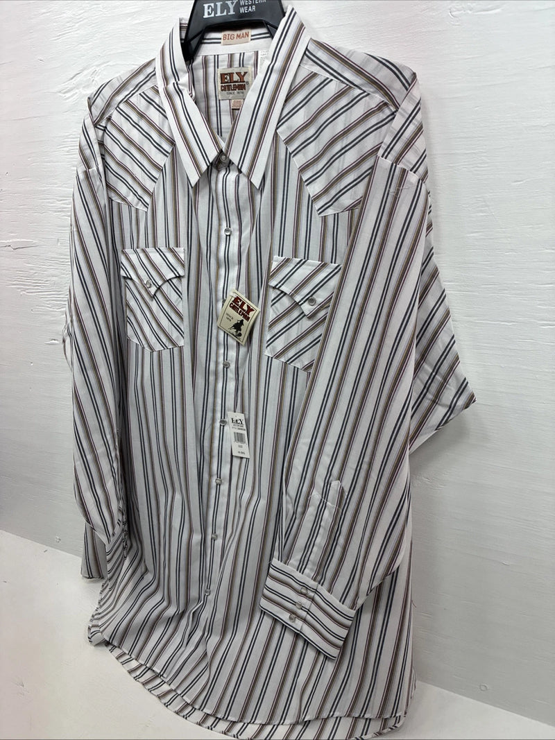 New Men’s ELY Cattleman Striped Long Sleeve Pearl Snap 20.5 X 36 4XL E-98