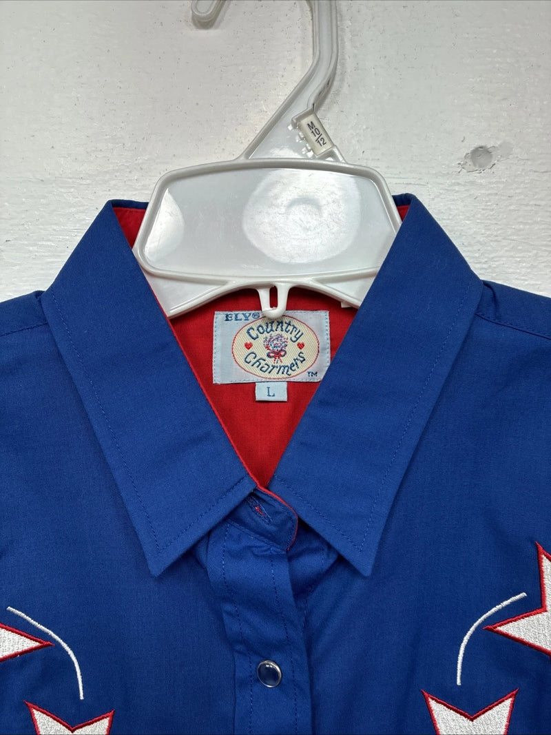 New Women’s Country Charmer Red Blue Long Sleeve Pearl Snap Large MM-65