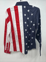New Women’s White Horse Red White Blue Long Sleeve Pearl Snap Medium KK-16