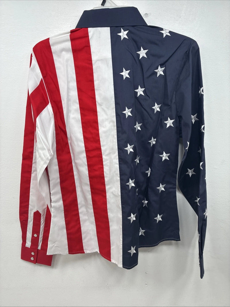 New Women’s White Horse Red White Blue Long Sleeve Pearl Snap Medium KK-16