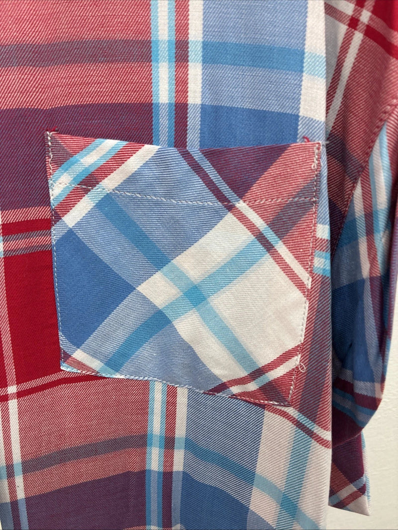 New Women’s Cumberland Red Blue Plaid Short Sleeve Button Up XL GG-21