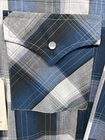 New Men’s ELY Cattleman Blue Gray Plaid Long Sleeve Pearl Snap Medium J-90