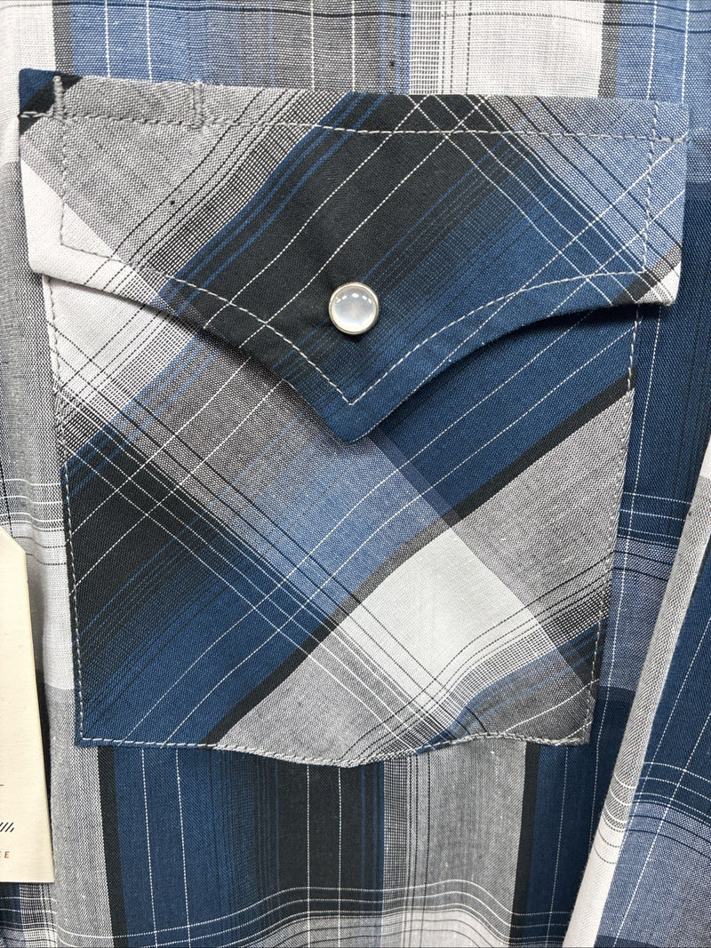 New Men’s ELY Cattleman Blue Gray Plaid Long Sleeve Pearl Snap Medium J-90