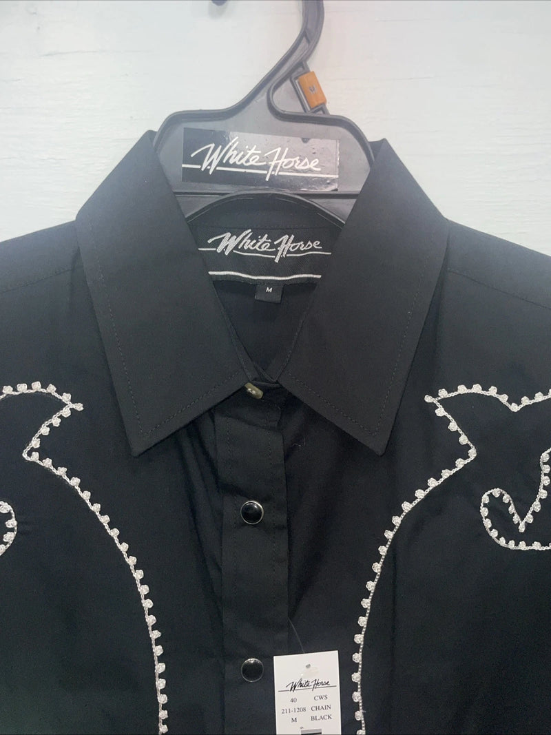 New Men’s White Horse Black Long Sleeve Pearl Snap Medium B-101