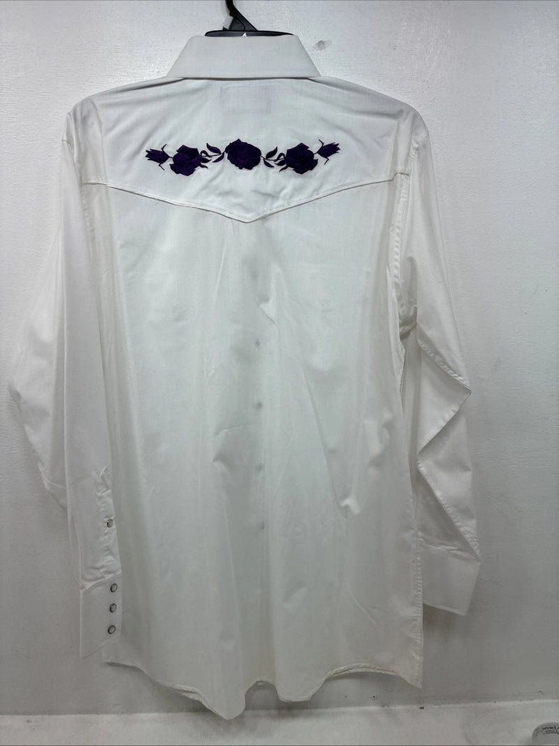 New Men’s White Horse White Purple Long Sleeve Pearl Snap Large MM-34