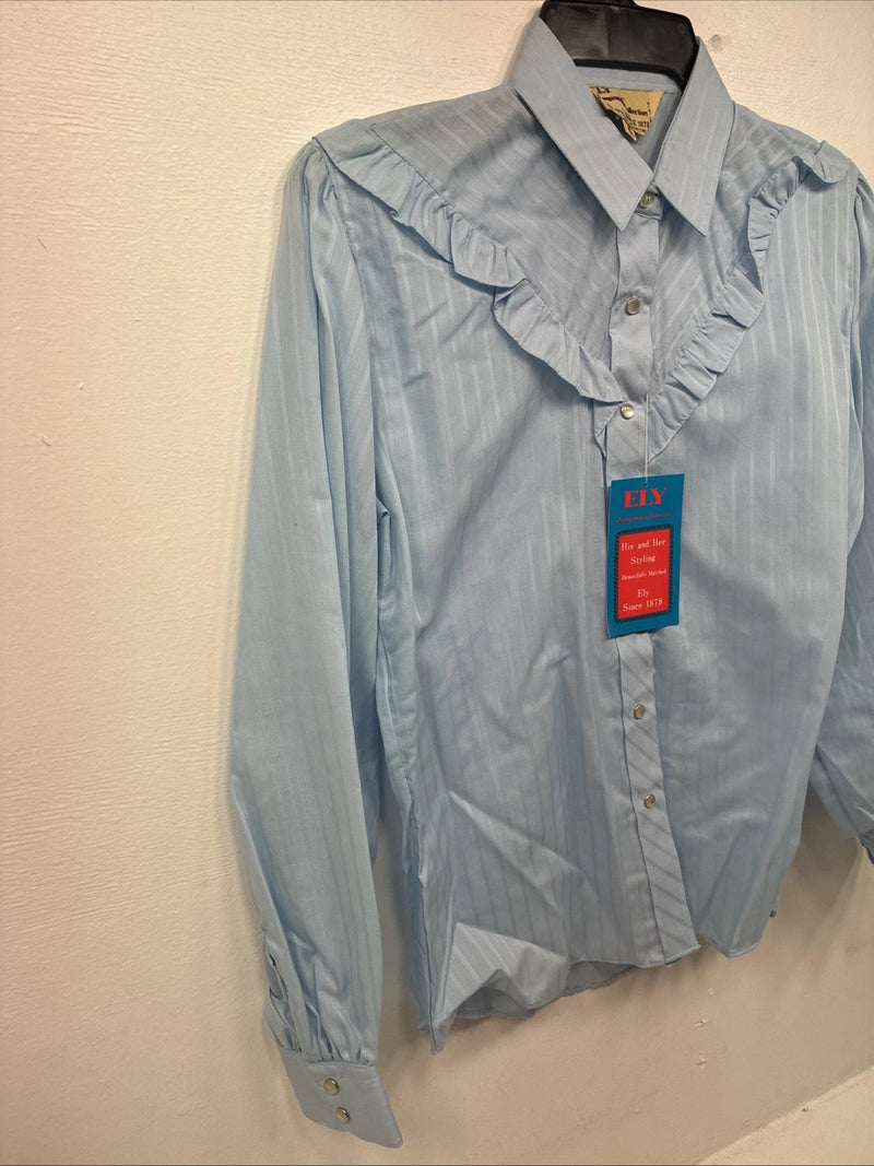 New Women’s ELY Champion Blue Long Sleeve Pearl Snap Medium KK-39