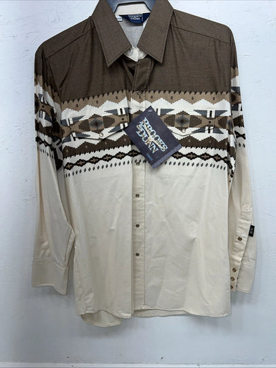 New Men’s White Brown Brooks&Dunn Pearl Snap Long Sleeve Shirt. 16.5x34 L I-36