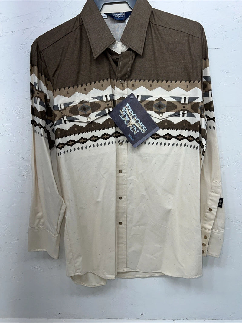 New Men’s White Brown Brooks&Dunn Pearl Snap Long Sleeve Shirt. 16.5x34 L I-36