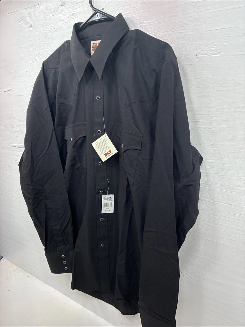 New Men’s ELY Cattleman Simple Black Long Sleeve Pearl Snap 16.5 Large M-54