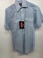 New Men’s Western Shirts Blue Checkered Short Sleeve Pearl Snap Small J-72