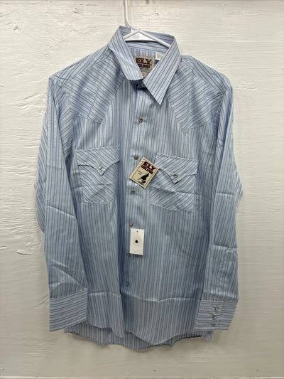 New Men’s ELY Cattleman Blue Stripe Long Sleeve Pearl Snap 15 Medium AA-72