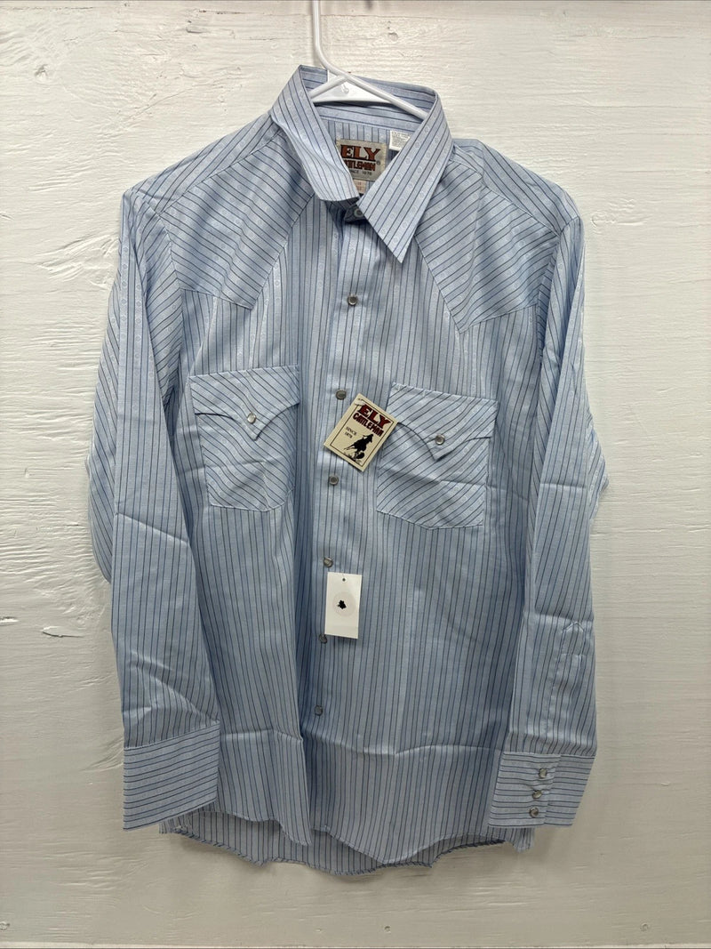 New Men’s ELY Cattleman Blue Stripe Long Sleeve Pearl Snap 15 Medium AA-72