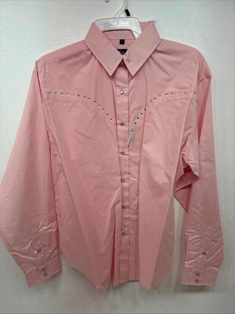 New Women’s White Horse Pink Gem Long Sleeve Pearl Snap Large II-75