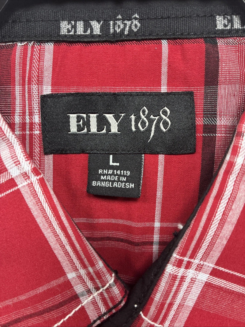 New Men’s ELY 1878 Red Black Plaid Short Sleeve Pearl Snap Large V-112