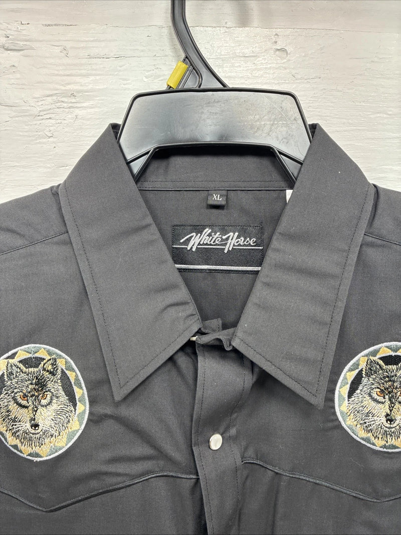 New Men’s White Horse Black Wolf Embroidered Long Sleeve Pearl Snap XL T-1