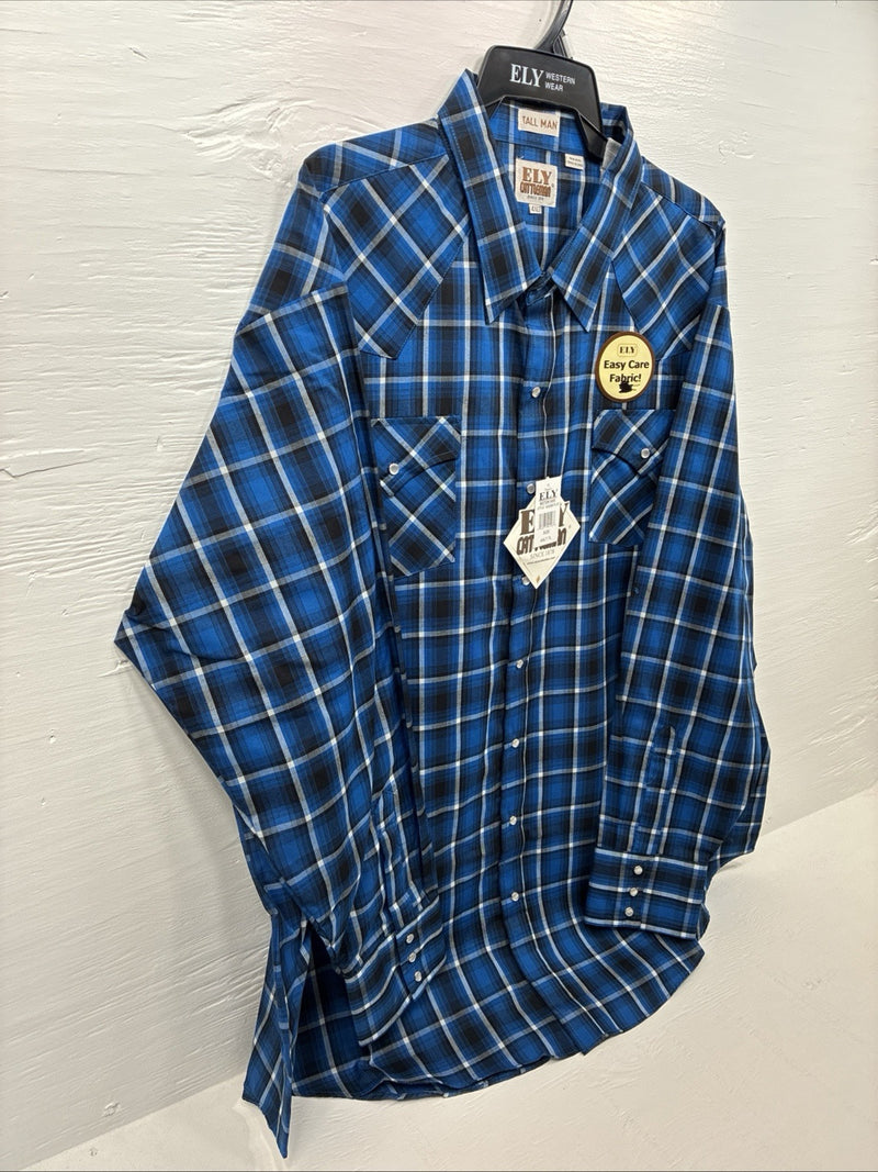 New Men’s ELY Cattleman Blue Flannel Long Sleeve Pearl Snap 4XL E-80