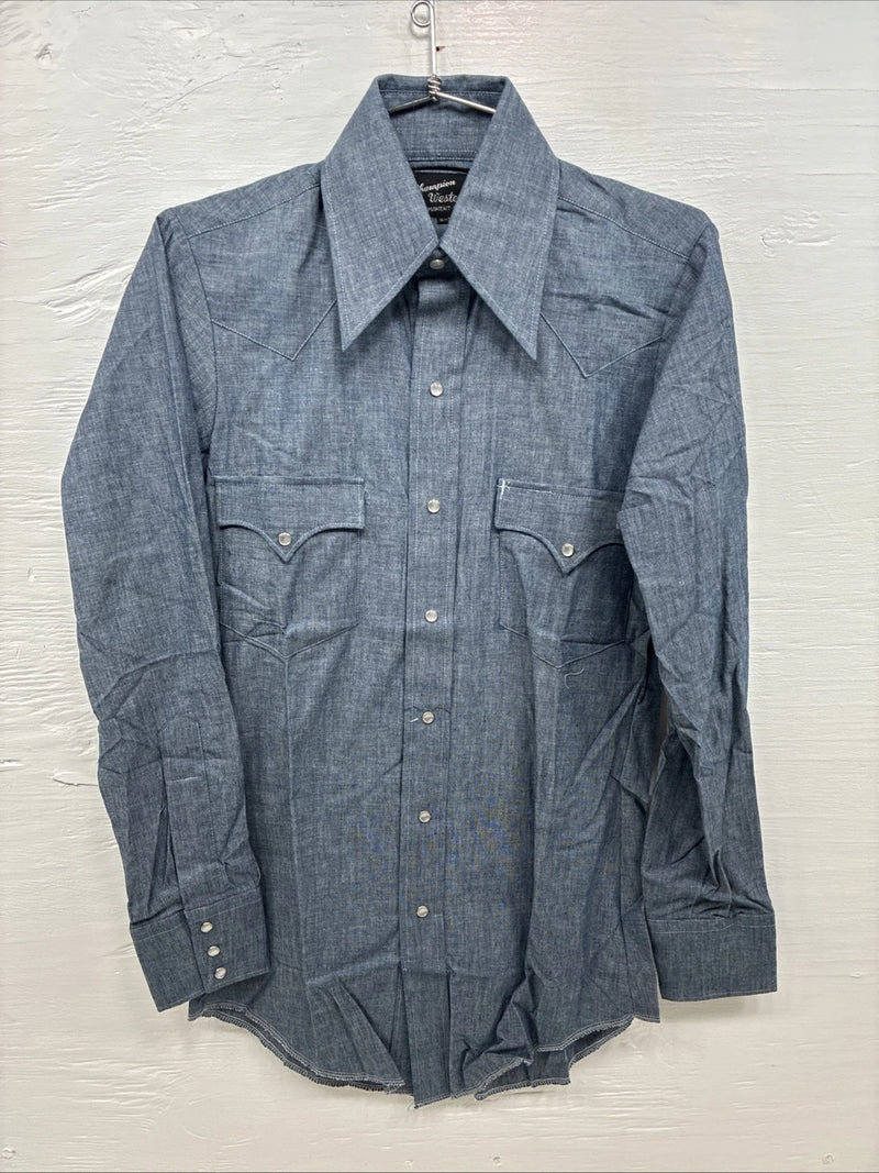 New Men’s Champion Western Blue Jean Long Sleeve Pearl Snap 14 Small AA-1