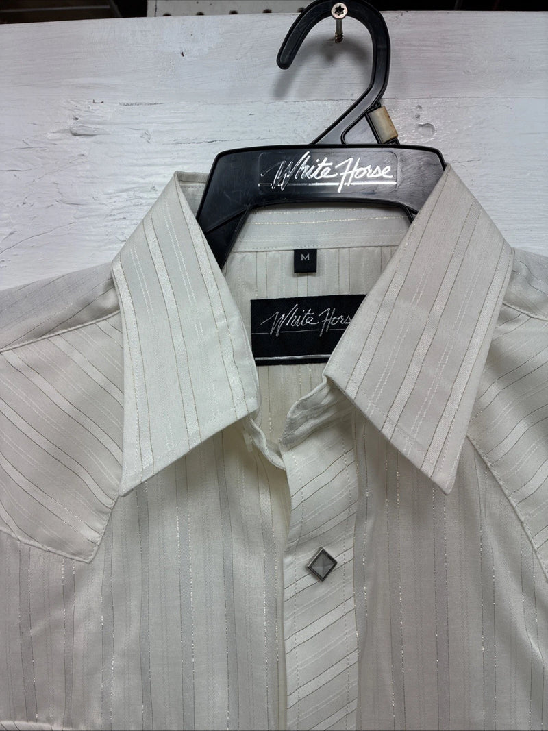 New Men’s White Horse White Gold Stripe Long Sleeve Pearl Snap Medium J-82