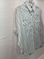 New Womens White Horse White Blue Stripe Long Sleeve Pearl Snap Large V-69