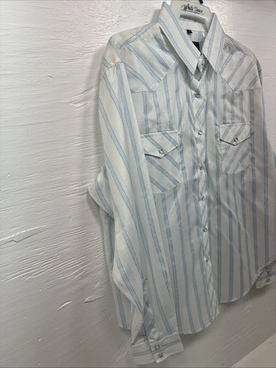 New Womens White Horse White Blue Stripe Long Sleeve Pearl Snap Large V-69