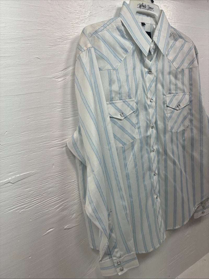 New Womens White Horse White Blue Stripe Long Sleeve Pearl Snap Large V-69