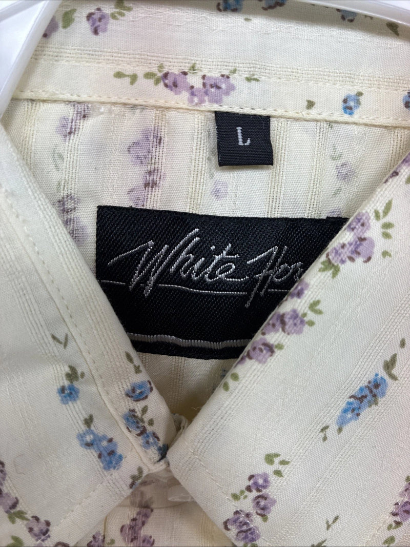 New Women’s White Horse Yellow Floral Short Sleeve Pearl Snap Large II-93
