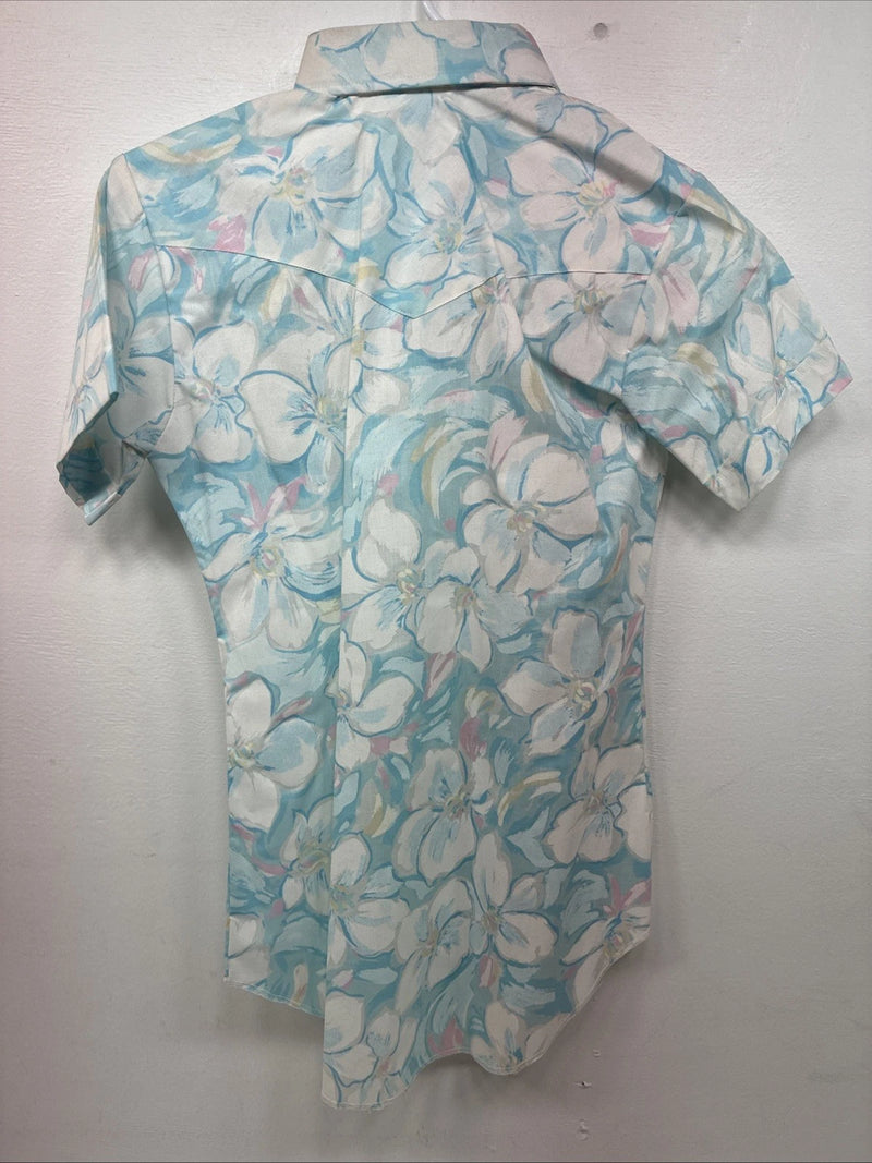 New Women’s H Bar C Blue Floral Short Sleeve Pearl Snap Size 30 DD-155