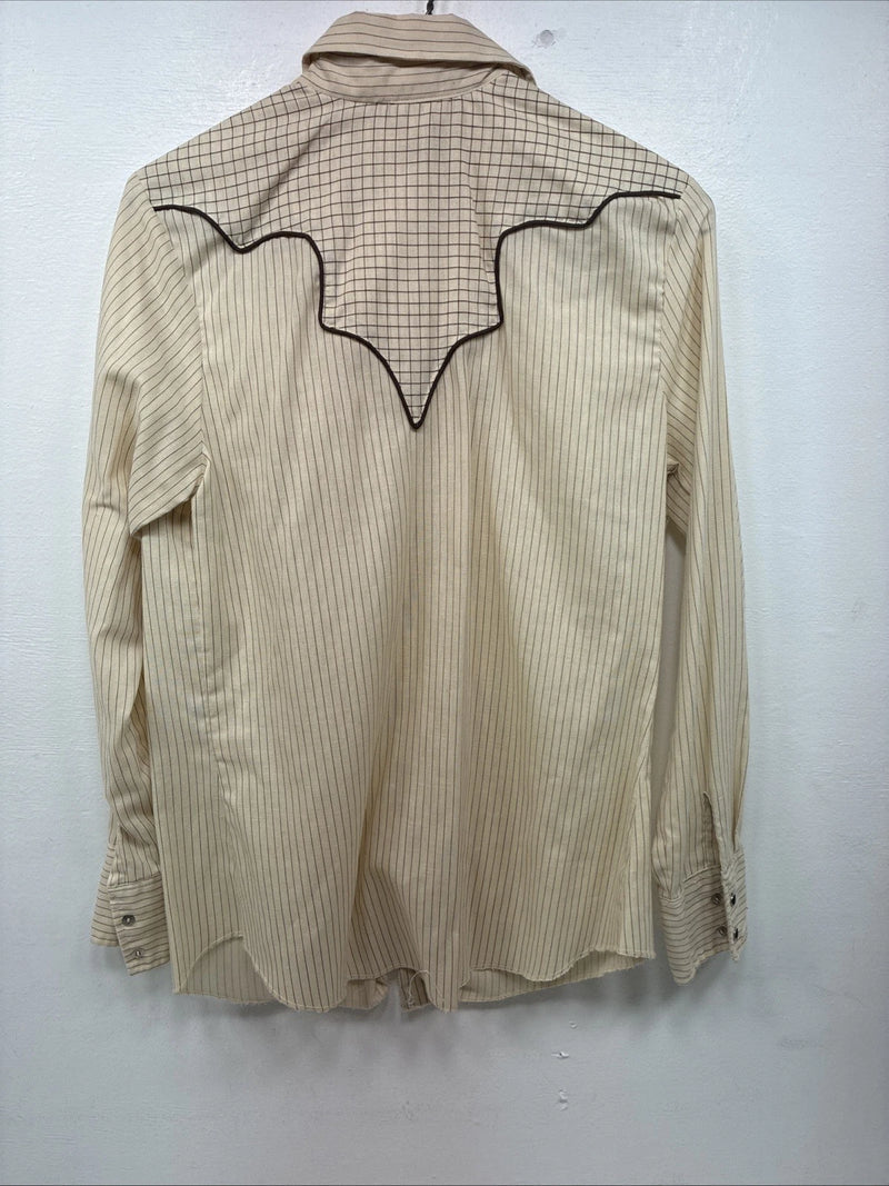Me Women’s Dickson Jenkins Tan Stripe Long Sleeve Pearl Snap Size 34 KK-28