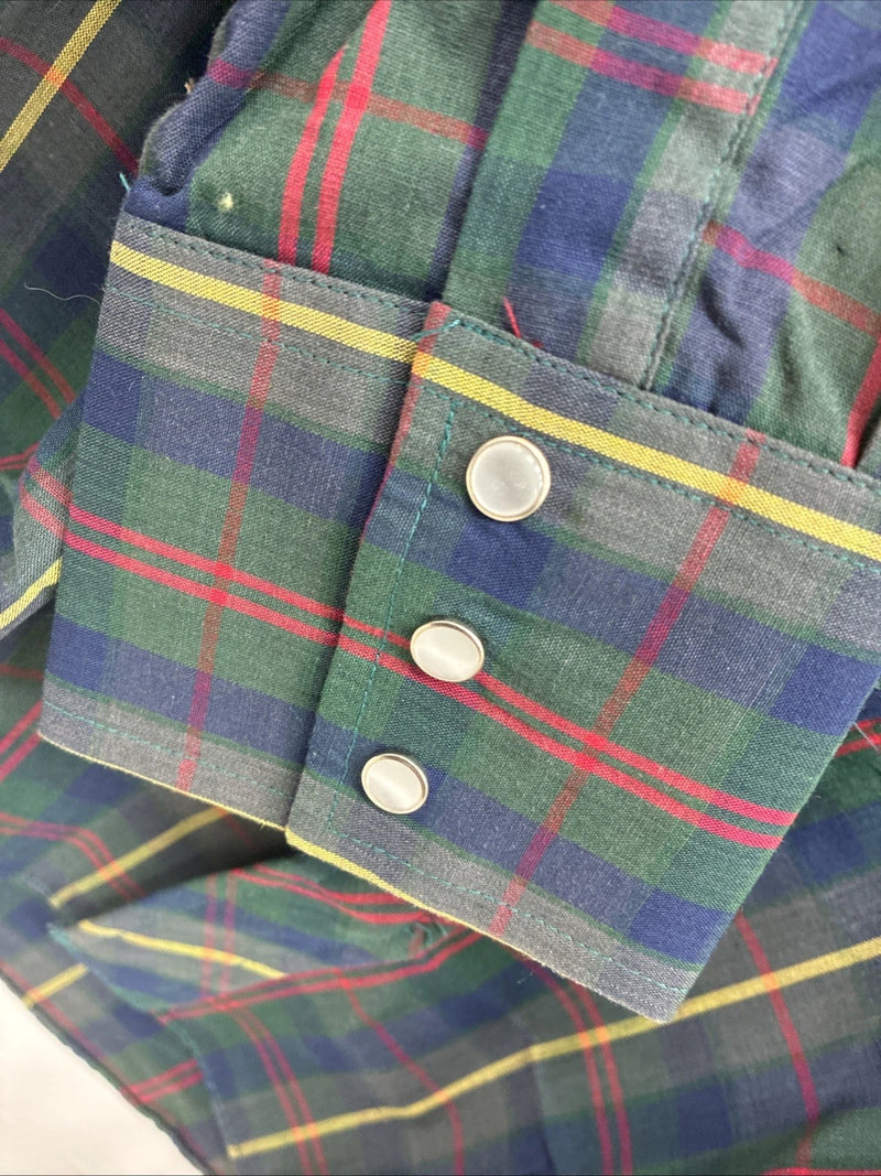 New Men’s ELY Plains Green Multicolor Plaid Long Sleeve Pearl Snap Medium M-63