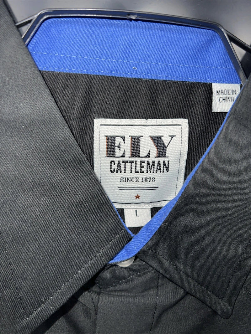 New Men’s Blue Black Horse ELY Cattleman Short Sleeve Pearl Snap Shirt. L P-55