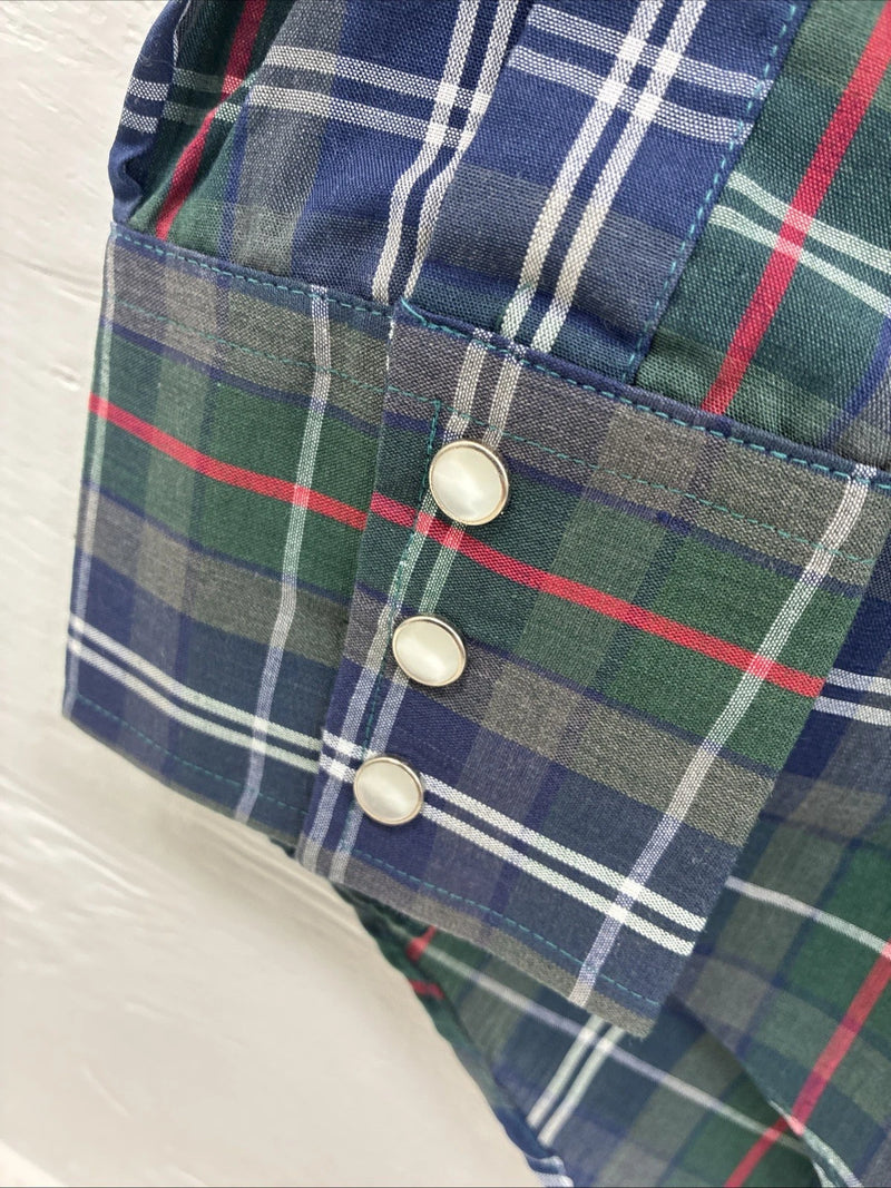 New Men’s ELY Plains Green Blue Plaid long Sleeve Pearl Snap 15.5 Medium T-67