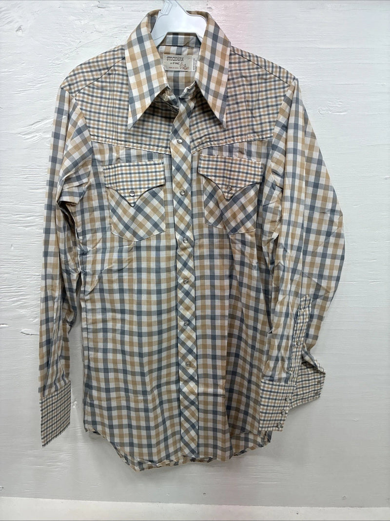 New Men’s Stockman Yellow Grey Plaid Long Sleeve Pearl Snap 14.5 Small X-37