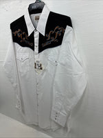 New Men’s ELY Cattleman White Black Embroidered Long Sleeve Pearl Snap XL H-65